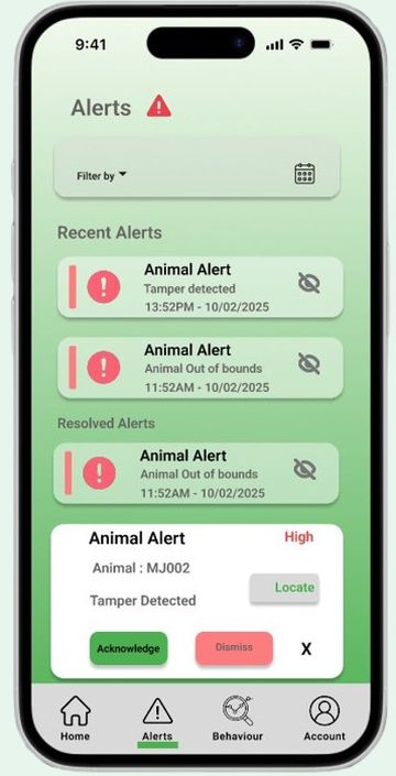 The KhuselaGuard mobile app showing real-time animal alerts